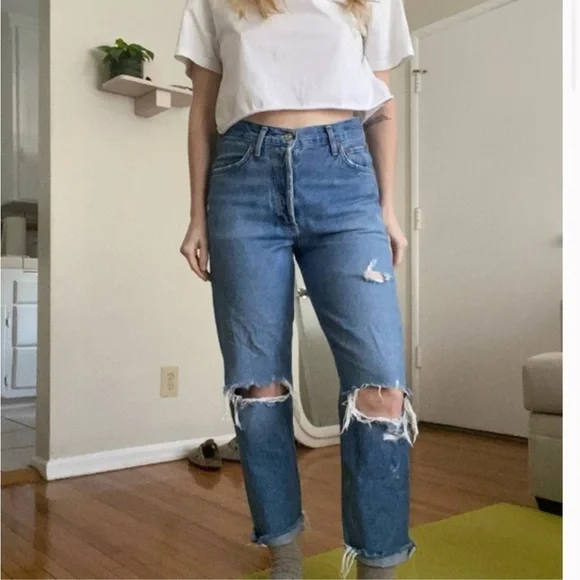 AGOLDE feel good blue buttonfly woman distress high rise straight ankle jean 28 - Picture 2 of 12